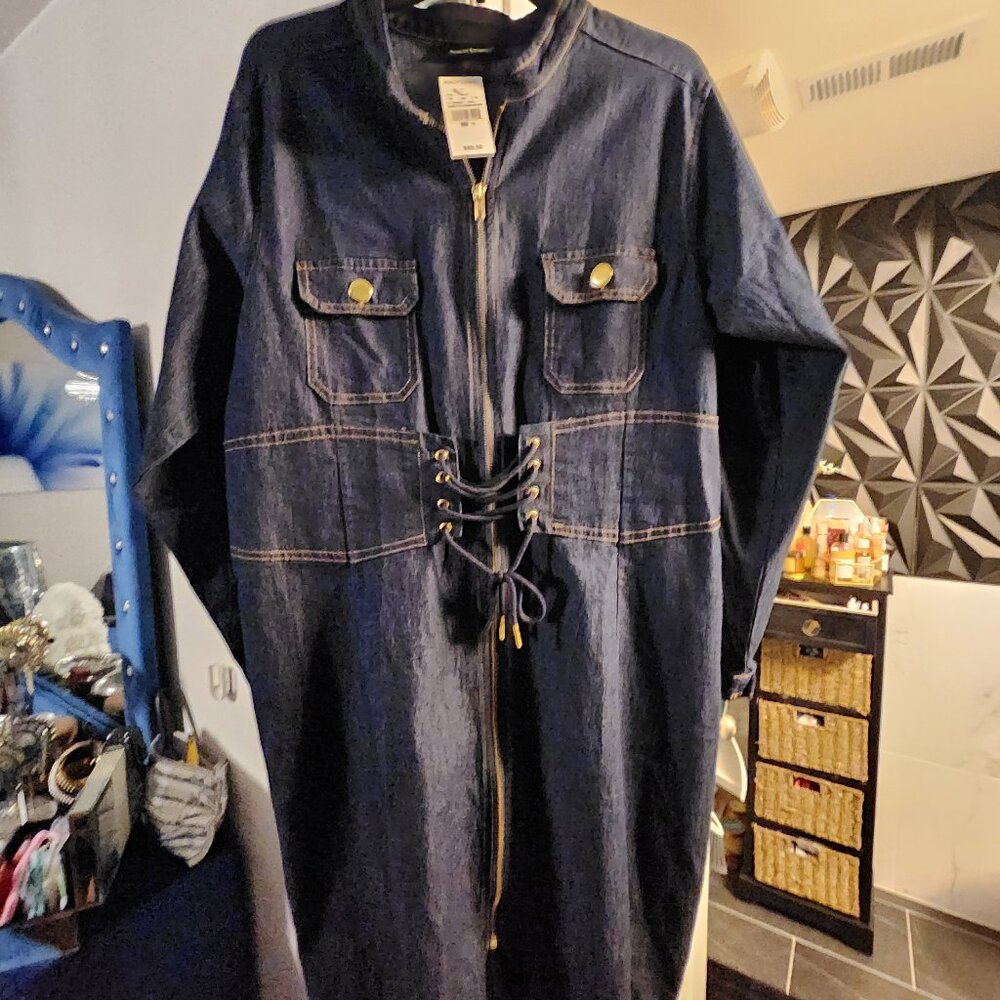 Ashley Stewart Women Chambray Zip Up Long Sleeve Maxi Shirt Dress Size 18